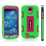 Samsung 9500 Galaxy S4 Case Silicone With Hard Pc Double Color 2in1 Hybrid High Impact With Kickstand Protective Case For Samsung 9500 Galaxy S4(Green with Pink)