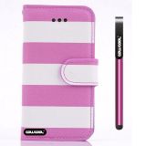 Apple Iphone 4 4S Case Pu Leather Stripe Ladder Wallet Protective Case For Apple Iphone 4 4S(Pink with White)