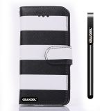 Apple Iphone 4 4S Case Pu Leather Stripe Ladder Wallet Protective Case For Apple Iphone 4 4S(Black with White)