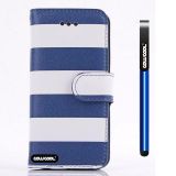 Apple Iphone 4 4S Case Pu Leather Stripe Ladder Wallet Protective Case For Apple Iphone 4 4S(Blue with White)