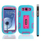 Samsung 9300 Galaxy S3 Case Silicone With Hard Pc Double Color 2in1 Hybrid High Impact With Kickstand Protective Case For Samsung 9300 Galaxy S3(Sky Blue with Pink)