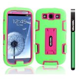 Samsung 9300 Galaxy S3 Case Silicone With Hard Pc Double Color 2in1 Hybrid High Impact With Kickstand Protective Case For Samsung 9300 Galaxy S3(Green with Pink)