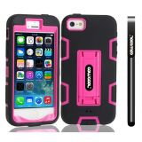 Apple Iphone 5 5S Case Silicone With Hard Pc Double Color 2in1 Hybrid High Impact With Kickstand Protective Case For Apple Iphone 5 5S(Black with Pink)