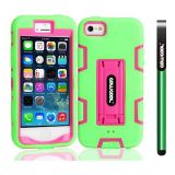 Apple Iphone 5 5S Case Silicone With Hard Pc Double Color 2in1 Hybrid High Impact With Kickstand Protective Case For Apple Iphone 5 5S(Green with Pink)