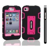 Apple Iphone 4 Case Silicone With Hard Pc Double Color 2in1 Hybrid High Impact With Kickstand Protective Case For Apple Iphone 4(Black with Pink)