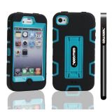 Apple Iphone 4 Case Silicone With Hard Pc Double Color 2in1 Hybrid High Impact With Kickstand Protective Case For Apple Iphone 4(Black with Sky Blue)