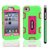 Apple Iphone 4 Case Silicone With Hard Pc Double Color 2in1 Hybrid High Impact With Kickstand Protective Case For Apple Iphone 4(Green with Pink)