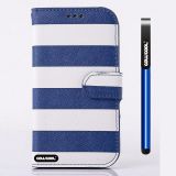 Samsung 9300 Galaxy S3 Case Pu Leather Stripe Ladder Hand Stitching Wallet Kickstand Credit Card Holder Protective Case For Samsung 9300 Galaxy S3(Blue with White)