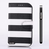 Samsung 9300 Galaxy S3 Case Pu Leather Stripe Ladder Hand Stitching Wallet Kickstand Credit Card Holder Protective Case For Samsung 9300 Galaxy S3(Black with White)