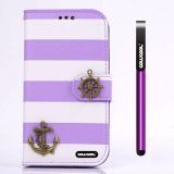 Apple Iphone 4 4S Case Pu Leather Stripe Ladder Hand Stitching Wallet Kickstand Credit Card Holder Protective Case For Apple Iphone 4 4S(Purple with White)