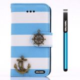 Apple Iphone 4 4S Case Pu Leather Stripe Ladder Hand Stitching Wallet Kickstand Credit Card Holder Protective Case For Apple Iphone 4 4S(Sky Blue with White)