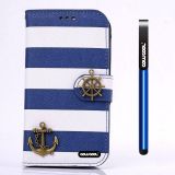 Apple Iphone 4 4S Case Pu Leather Stripe Ladder Hand Stitching Wallet Kickstand Credit Card Holder Protective Case For Apple Iphone 4 4S(Deep Blue with White)