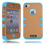 Apple Iphone 4 4S Case Silicone With Hard Pc Double Color 2in1 Hybrid High Impact Protective Case For Apple Iphone 4 4S(Light brown with Sky Blue)