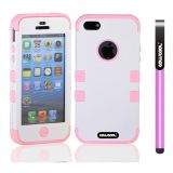 Apple Iphone 5 5S Case Silicone With Hard Pc Double Color 3in1 Hybrid High Impact Protective Case For Apple Iphone 5 5S(White with Pink)